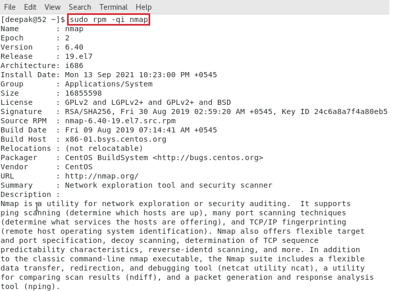 rpm command to get information of installed package