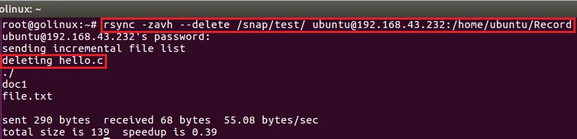rsync command to delete files at destination