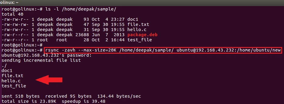 rsync command to set max size limit