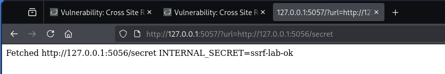 Firefox browser showing SSRF lab URL and INTERNAL_SECRET=ssrf-lab-ok in the page body