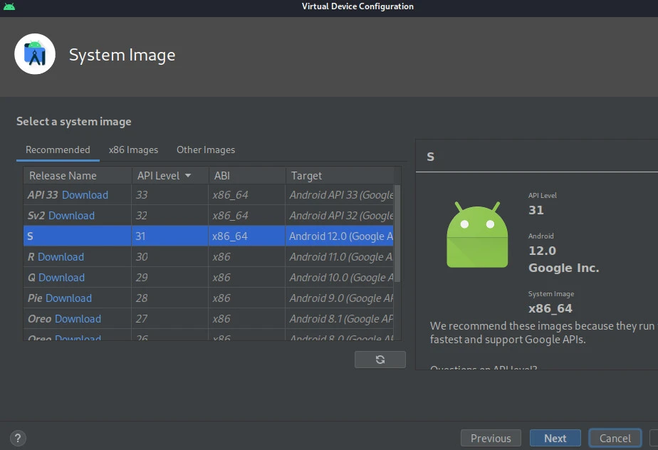 Android Studio system image picker with Android 12 Google APIs API 31 x86_64 selected