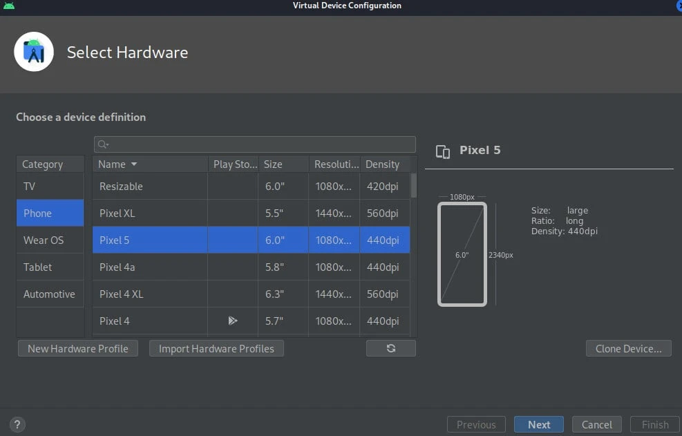 Android Studio Virtual Device Configuration selecting Pixel 5 phone hardware