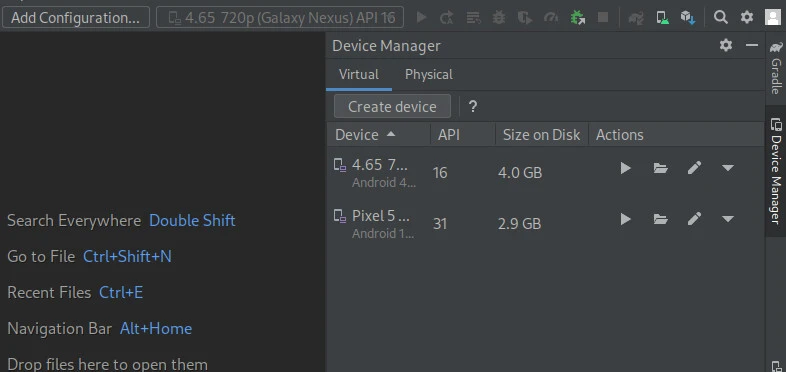 Android Studio Device Manager listing Galaxy Nexus API 16 and Pixel 5 API 31 virtual devices