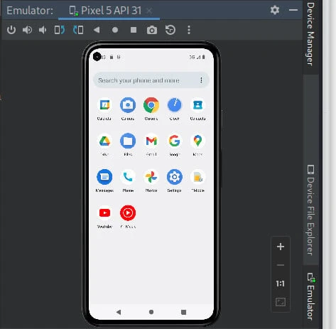 Android Studio Emulator running Pixel 5 API 31 with the app drawer open