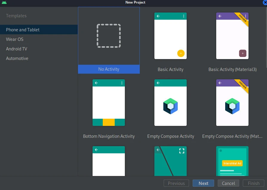 Android Studio New Project wizard with No Activity template selected