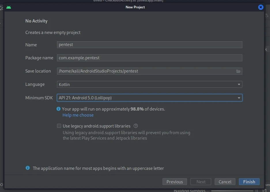 Android Studio New Project settings for pentest on Kali with package com.example.pentest