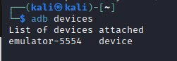 Kali terminal showing adb devices with emulator-5554 listed as device