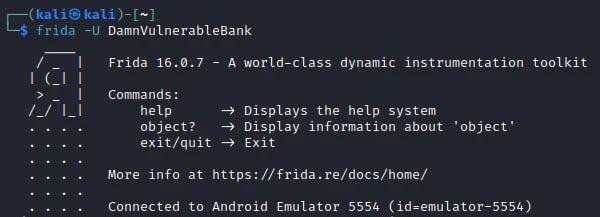 Kali terminal showing Frida 16.0.7 connected to DamnVulnerableBank on Android Emulator 5554