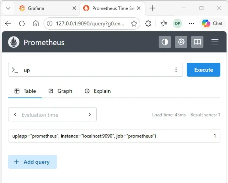 Prometheus up query showing the local prometheus target is healthy