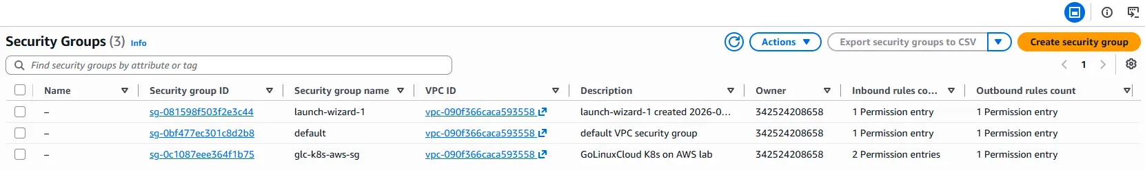 EC2 instances list showing k8s-cp and k8s-worker01 as running t3.medium