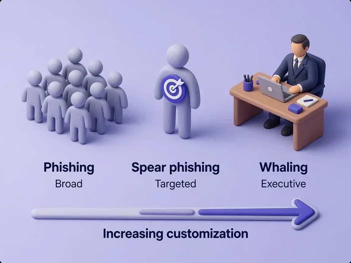 Comparison of phishing, spear phishing, and whaling by audience size and customization level