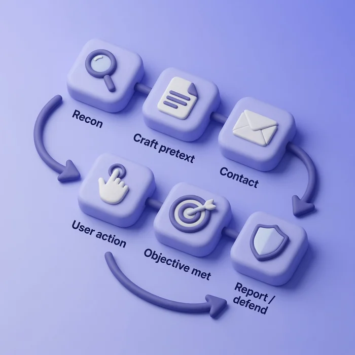 Social engineering lifecycle from reconnaissance through contact, user action, and attacker objective