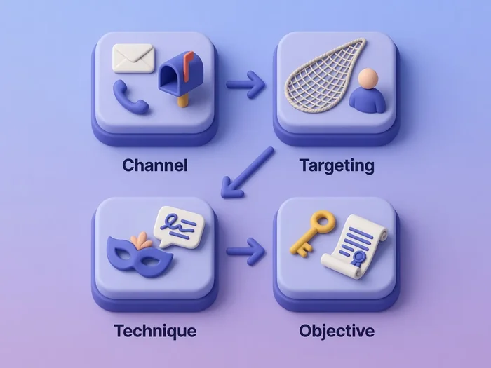 Social engineering taxonomy matrix showing channel, targeting, technique, and objective as four separate dimensions