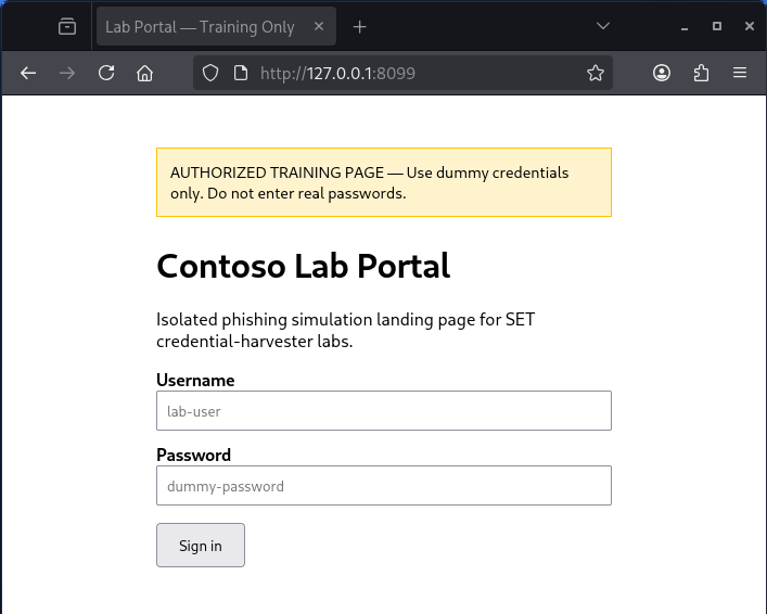 Contoso Lab Portal training page with yellow authorization banner and username/password form