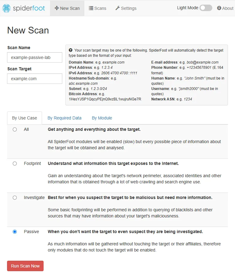 SpiderFoot New Scan screen with Passive use case selected for example.com