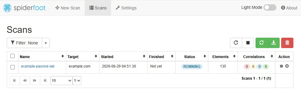 SpiderFoot Scans page showing an example.com passive scan with RUNNING status