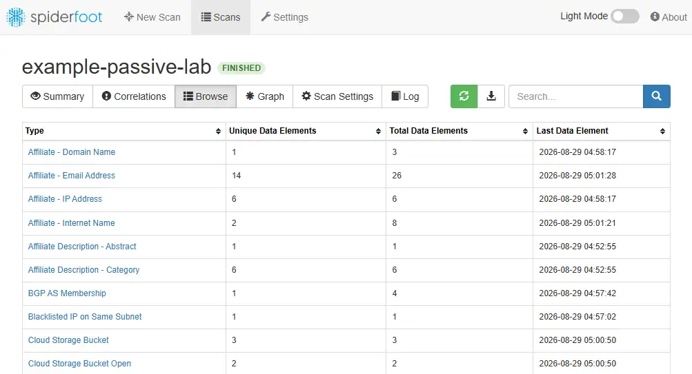 SpiderFoot Summary tab listing data types with unique and total element counts for example-passive-lab