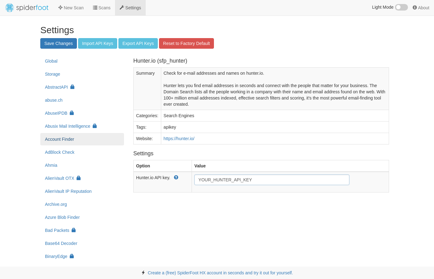 SpiderFoot Settings page showing the Hunter.io module API key field with a placeholder value
