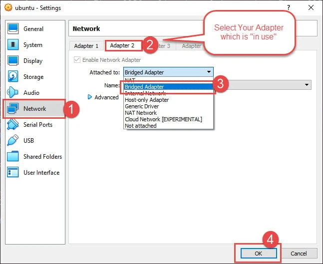VirtualBox bridged adapter selected on Adapter 2