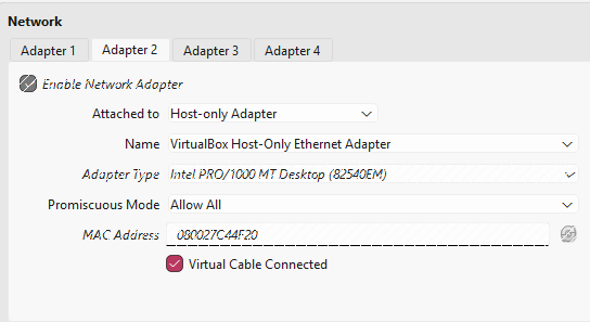 VirtualBox Network settings with Adapter 2 set to Host-only Adapter and VirtualBox Host-Only Ethernet Adapter selected