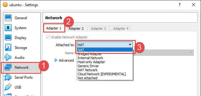 VirtualBox NAT adapter selected