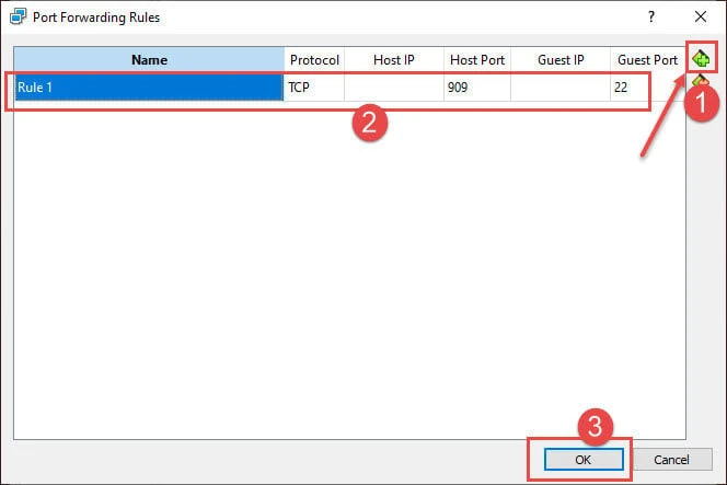 VirtualBox SSH port forwarding rule host 2222 to guest 22
