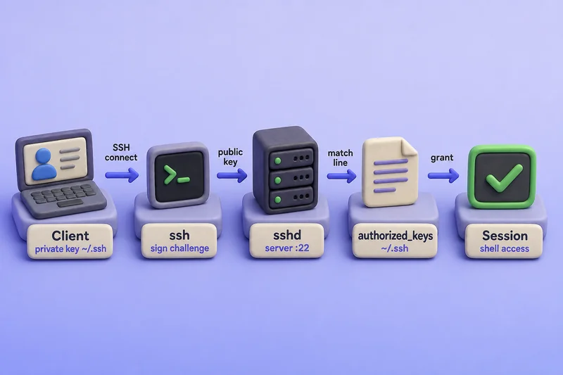 SSH public key authentication flow from client private key through ssh and sshd to authorized_keys and an open session