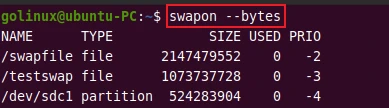 swapon command to display sizes in bytes