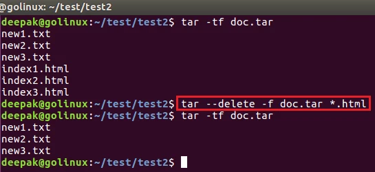 tar command to delete files from the archive