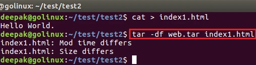 tar command to find differences between archive and file