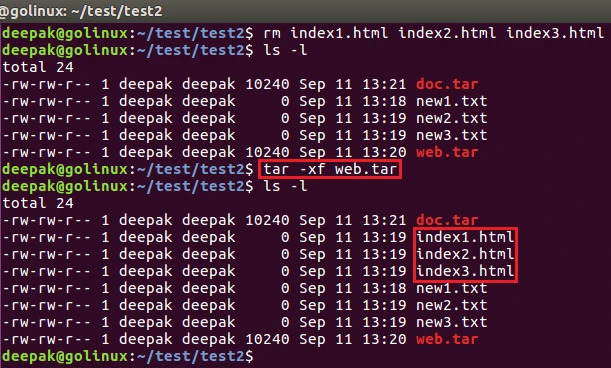 tar command to extract files from tar archive file
