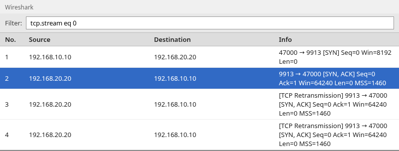 Wireshark showing SYN ACK followed by TCP retransmission of SYN ACK with no completing client ACK