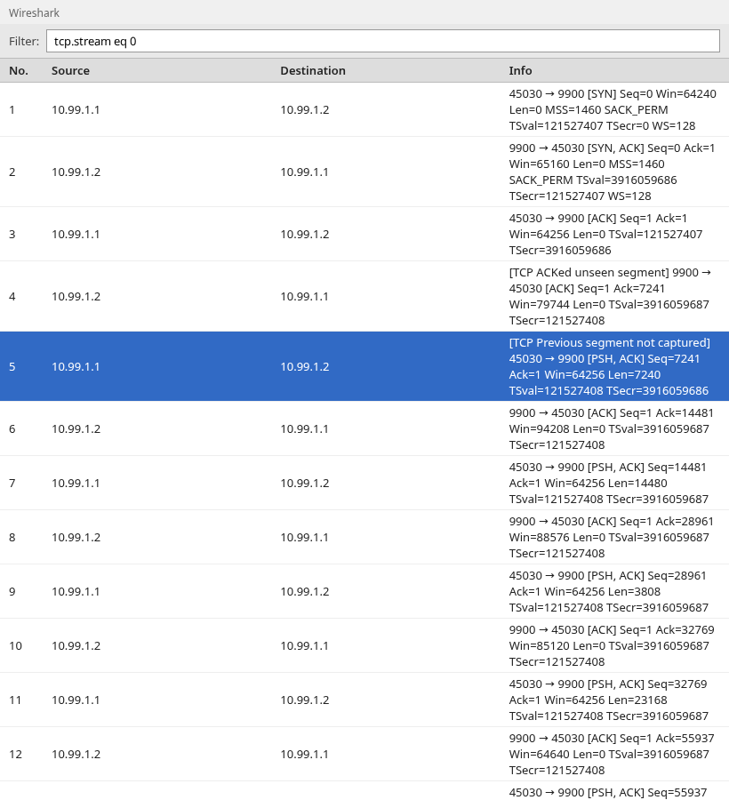 Wireshark with TCP ACKed unseen segment on an ACK and TCP Previous segment not captured on the following data segment