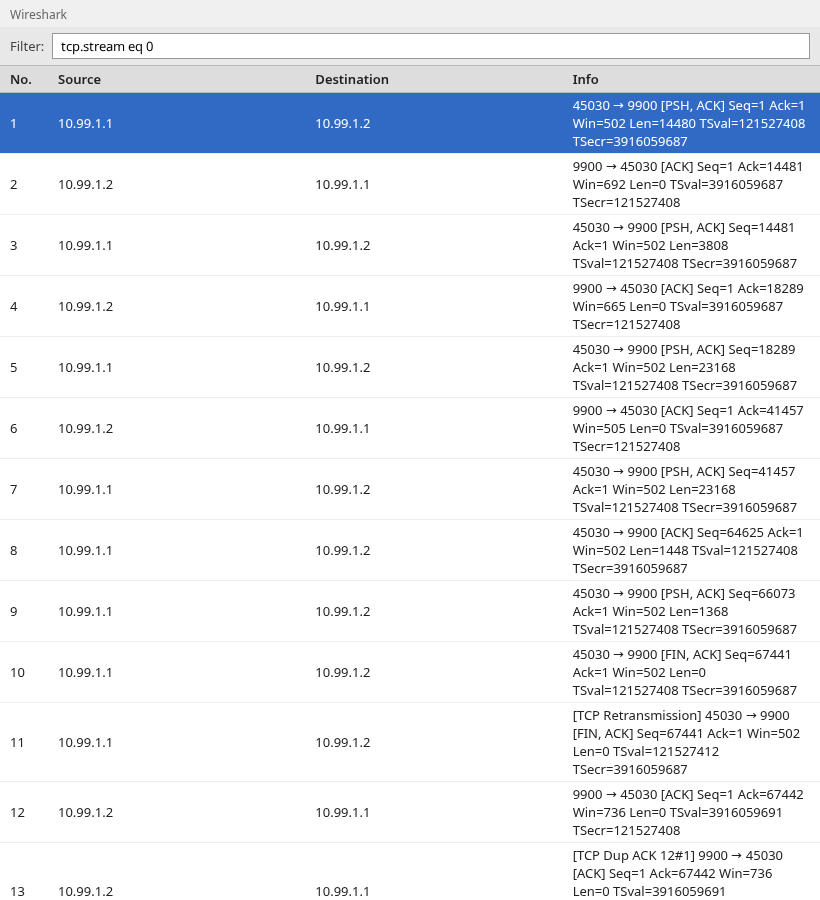 Wireshark packet list beginning mid-stream with PSH ACK data segments and no three-way handshake at the top