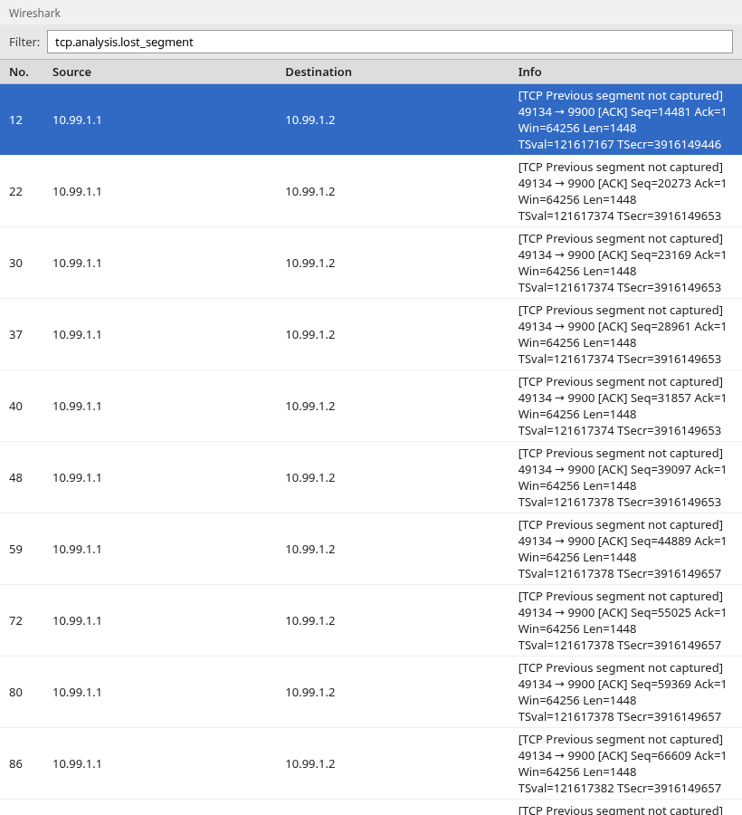 Wireshark packet list filtered with tcp.analysis.lost_segment showing TCP Previous segment not captured on a data segment