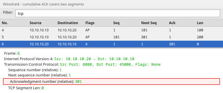 Wireshark cumulative ACK 301 after two client data segments with 100 and 200 byte lengths