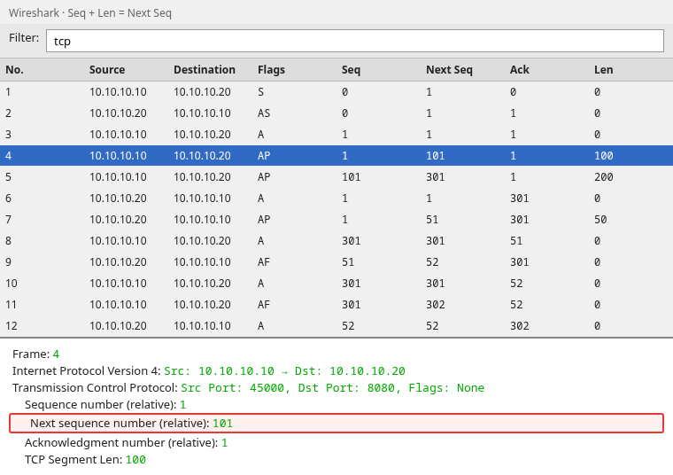 Wireshark data segment with Seq 1, Len 100, and Next Seq 101 highlighted