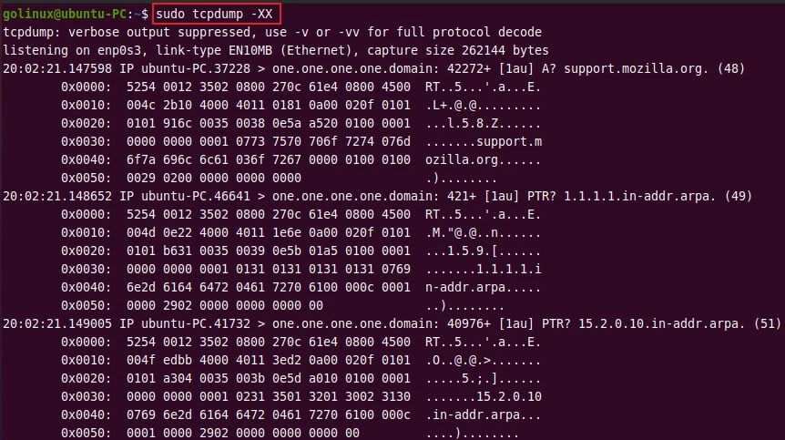 display packets in hex and ascii format