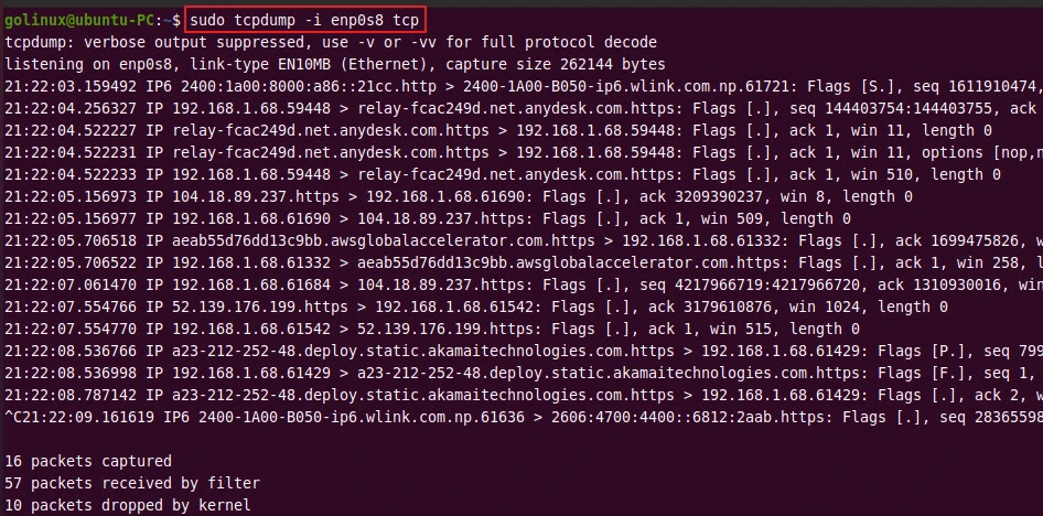 tcpdump command to capture only tcp packets