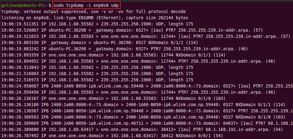 tcpdump command to capture only udp packets