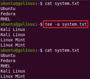 tee command to append to the given files