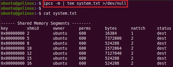 tee command to hide the output
