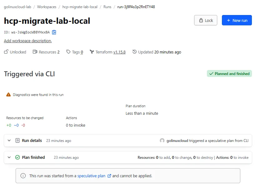 HCP Terraform run page for hcp-migrate-lab-marker showing terraform_data.migration_marker refreshing state with the original id and a plan result of no changes