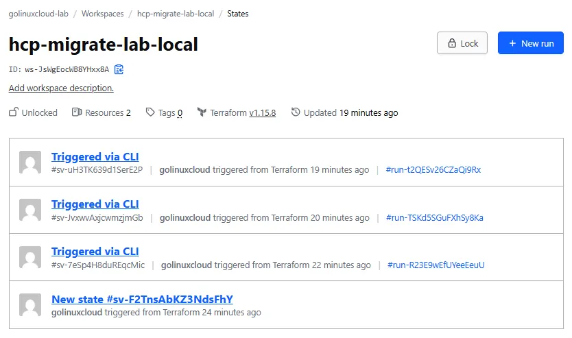 HCP Terraform States tab for hcp-migrate-lab-marker showing a New state entry and later CLI-triggered state versions with Resources 2 in the workspace header