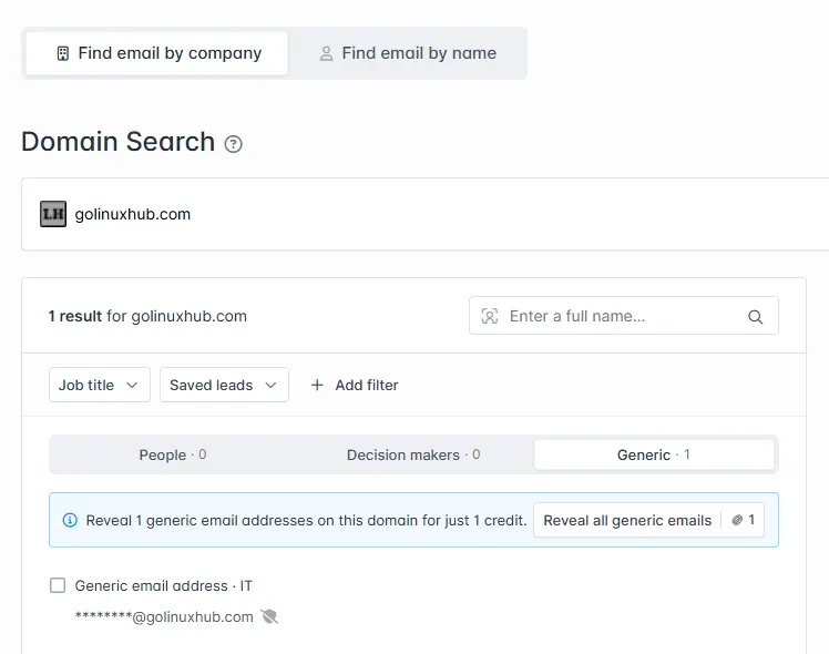 Hunter.io Domain Search for golinuxhub.com showing generic email results and the People versus Generic filter tabs