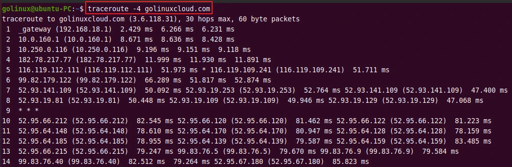 traceroute using ipv4 protocol