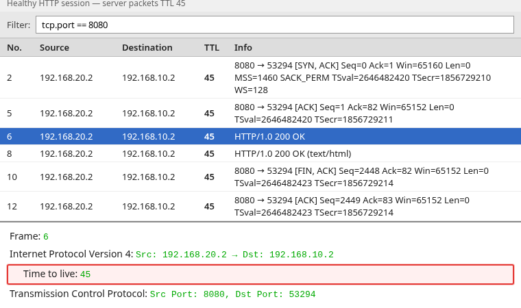 Wireshark packet list with TTL column showing steady value 45 on server HTTP packets