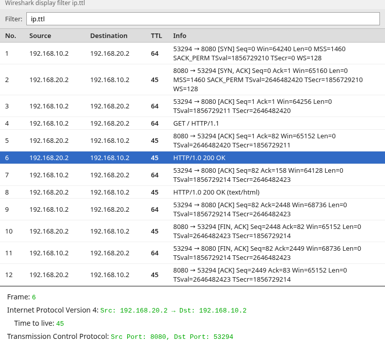 Wireshark display filter ip.ttl applied in the filter bar with TTL column visible