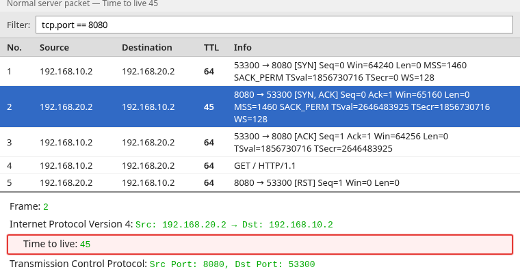 Wireshark IPv4 detail pane with Time to live 45 highlighted on a server SYN-ACK
